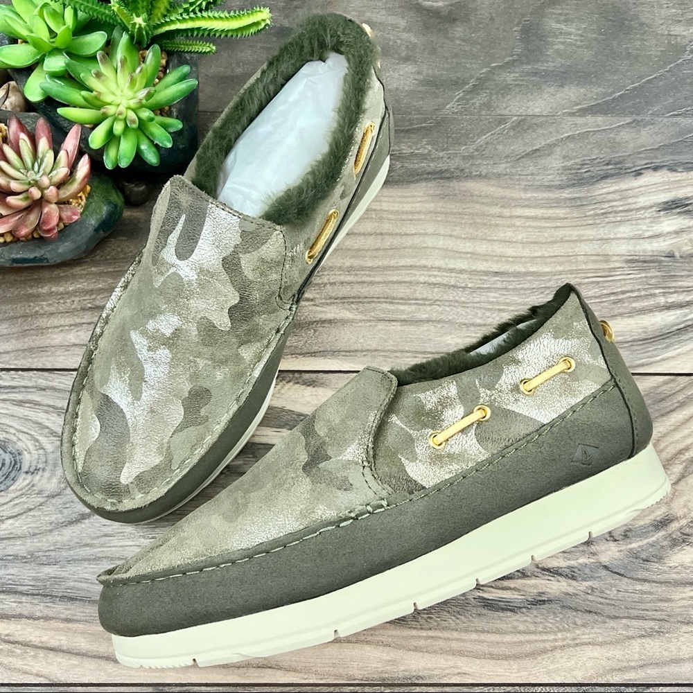 NEW Sperry Moc Sider Metallic Camo Indoor Outdoor Moc Sneaker Faux Fur 8M 39